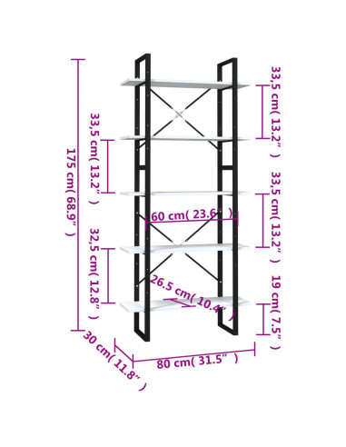 Libreria a 5 Ripiani Bianca 80x30x175 cm in Legno Multistrato