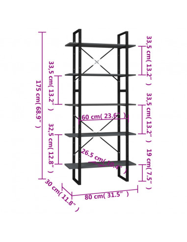 Libreria a 5 Ripiani Grigia 80x30x175 cm in Legno Multistrato