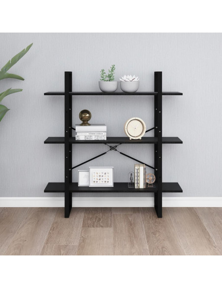 Libreria a 3 Ripiani Nera 100x30x105 cm in Massello di Pino