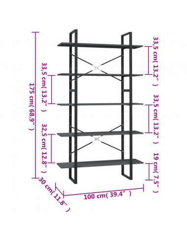Libreria a 5 Ripiani Grigia 100x30x175 cm in Legno di Pino