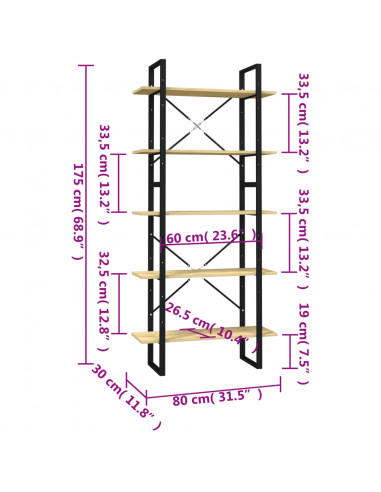 Libreria a 5 Ripiani 80x30x175 cm in Legno Massello di Pino