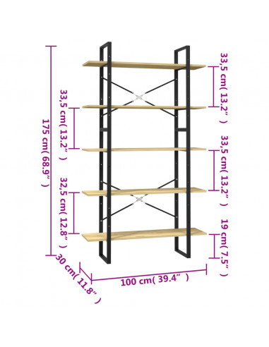 Libreria a 5 Ripiani 100x30x175 cm in Legno Massello di Pino