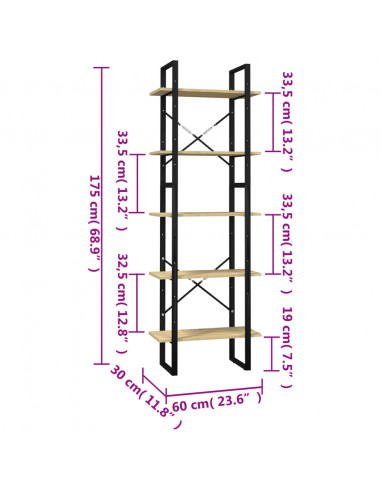 Libreria a 5 Ripiani 60x30x175 cm in Legno Massello di Pino