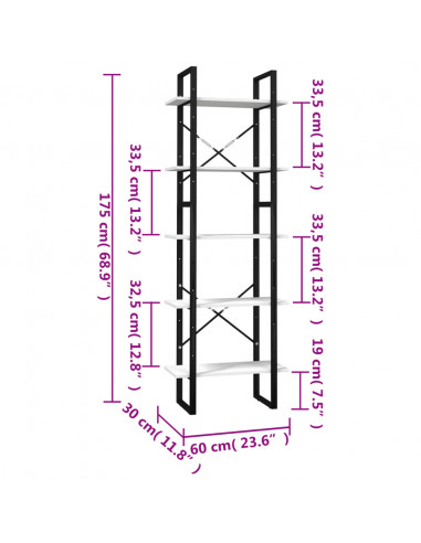 Libreria a 5 Ripiani Bianca 60x30x175 cm in Legno di Pino