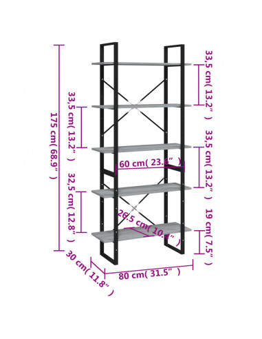 Libreria 5 Ripiani Grigio Sonoma 80x30x175 cm Legno Multistrato