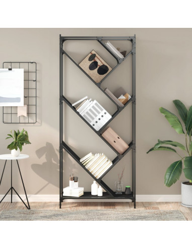 Libreria Nera 79x30x180 cm in Legno Multistrato e Metallo