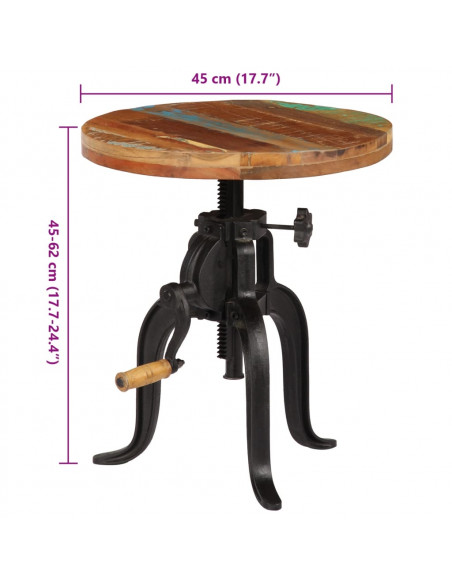 Tavolino 45x(45-62) cm in Legno Massello di Recupero e Ghisa