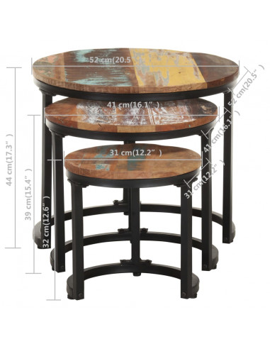 Tavolini Laterali 3 pz in Legno Massello di Recupero