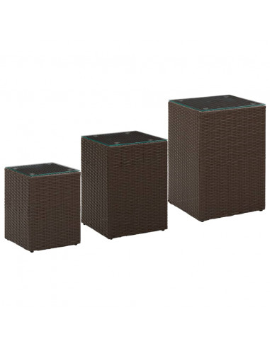 Tavolini 3 pz con Piano in Vetro Marroni in Polyrattan