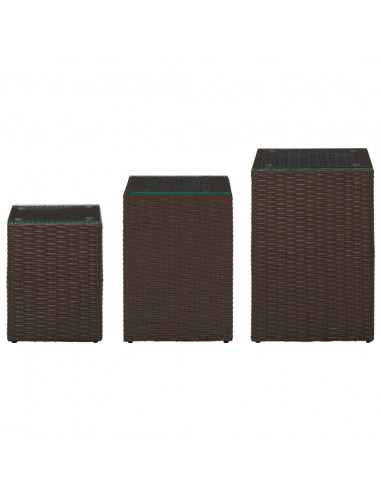 Tavolini 3 pz con Piano in Vetro Marroni in Polyrattan