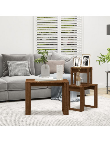 Tavolini Impilabili 3 pz Rovere Marrone in Legno Multistrato