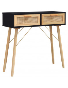Tavolo Consolle Nero 80x30x75cm Massello Pino e Rattan Naturale 2