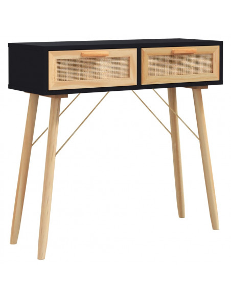 Tavolo Consolle Nero 80x30x75cm Massello Pino e Rattan Naturale
