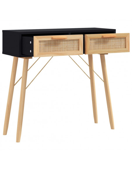 Tavolo Consolle Nero 80x30x75cm Massello Pino e Rattan Naturale