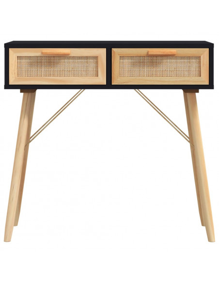 Tavolo Consolle Nero 80x30x75cm Massello Pino e Rattan Naturale