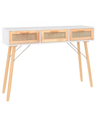 Tavolo Consolle Bianco 105x30x75 Massello Pino Rattan Naturale