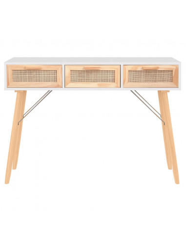 Tavolo Consolle Bianco 105x30x75 Massello Pino Rattan Naturale