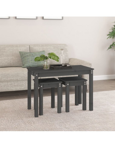 Tavolini a Incastro 3 pz Grigio in Legno Massello di Pino