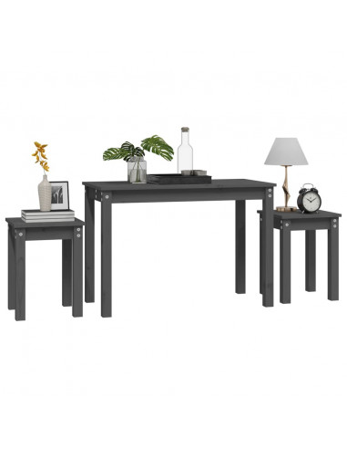 Tavolini a Incastro 3 pz Grigio in Legno Massello di Pino