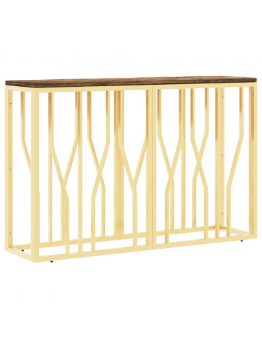 Tavolino Salotto Oro in Acciaio e Legno Massello di Recupero