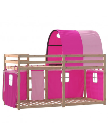 Letto a Castello con Tende Rosa 75x190 cm Legno Massello Pino