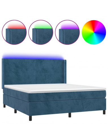 Letto a Molle con Materasso e LED Blu Scuro 160x200 cm
