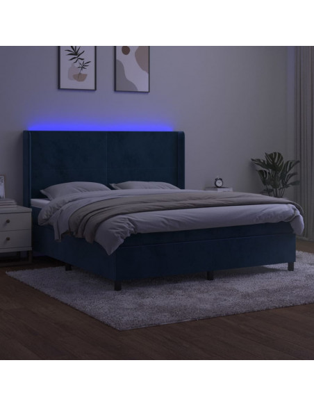 Letto a Molle con Materasso e LED Blu Scuro 160x200 cm