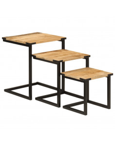 Tavolini a Incastro 3 pz in Legno Massello di Mango e Ferro 2