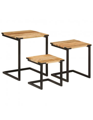 Tavolini a Incastro 3 pz in Legno Massello di Mango e Ferro