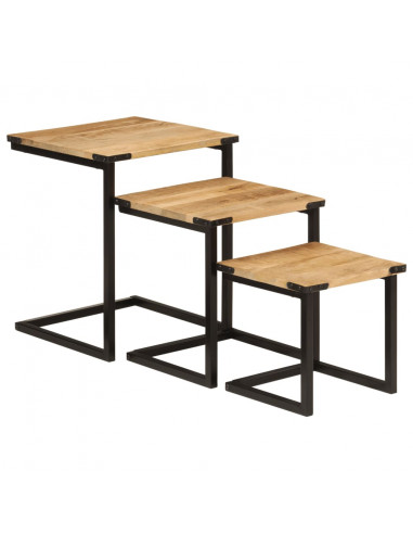 Tavolini a Incastro 3 pz in Legno Massello di Mango e Ferro
