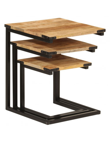 Tavolini a Incastro 3 pz in Legno Massello di Mango e Ferro