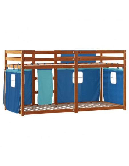 Letto a Castello con Tende Blu 90x200cm Massello Pino