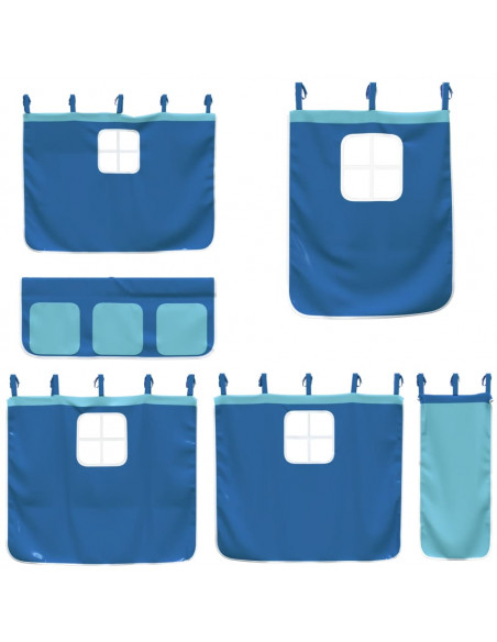 Letto a Castello con Tende Blu 90x200cm Massello Pino