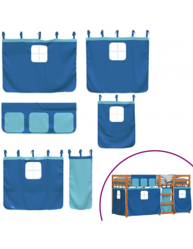 Letto a Castello con Tende Blu 90x200cm Massello Pino