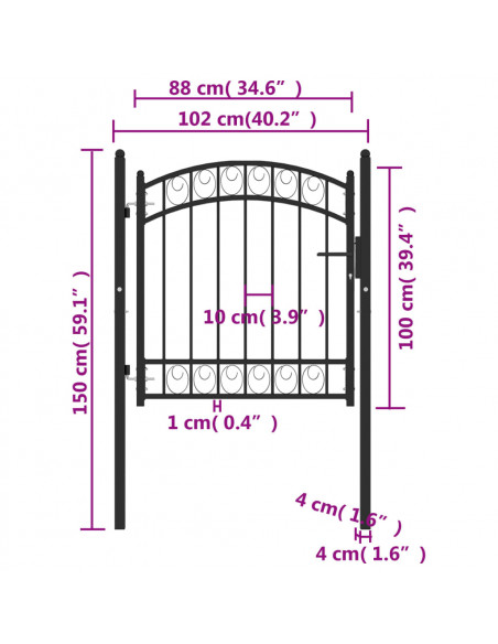 Cancello per recinzione EMMEN con parte superiore ad arco in acciaio 100x86 cm Nero