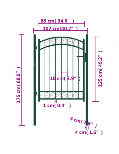 Cancello per recinzione EMMEN con parte superiore ad arco in acciaio 100x98,5 cm verde