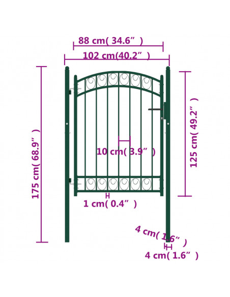 Cancello per recinzione EMMEN con parte superiore ad arco in acciaio 100x98,5 cm verde
