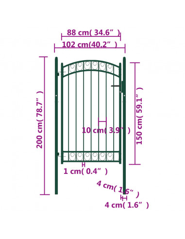 Cancello per recinzione EMMEN con parte superiore ad arco in acciaio 100x106 cm verde