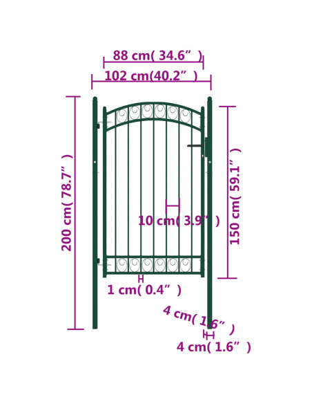 Cancello per recinzione EMMEN con parte superiore ad arco in acciaio 100x106 cm verde