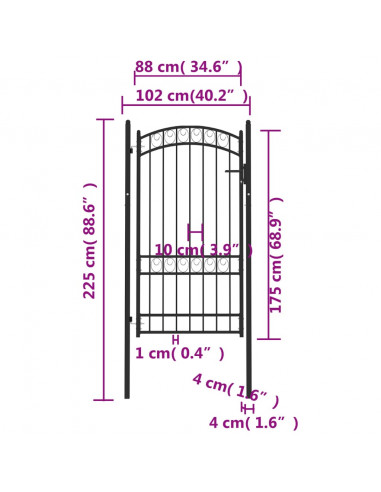 Cancello per recinzione EMMEN con parte superiore ad arco in acciaio 100x123,5 cm Nero