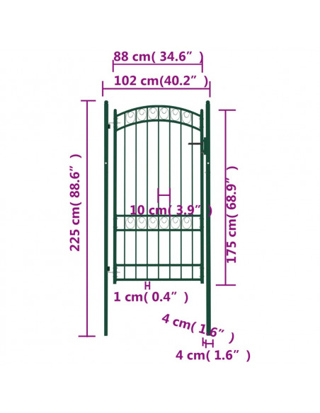 Cancello per recinzione EMMEN con parte superiore ad arco in acciaio 100x123,5 cm verde