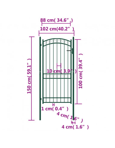 Cancello per recinzione EMMEN con parte superiore ad arco in acciaio 100x136 cm verde
