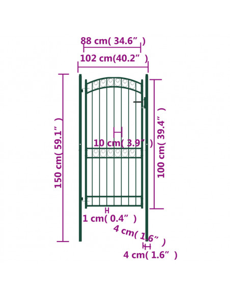 Cancello per recinzione EMMEN con parte superiore ad arco in acciaio 100x136 cm verde