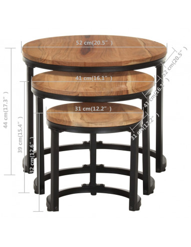 Tavolini Laterali 3 pz in Legno Massello di Acacia