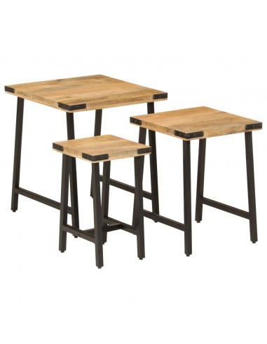 Tavolini a Incastro 3 pz in Legno Massello di Mango e Ferro