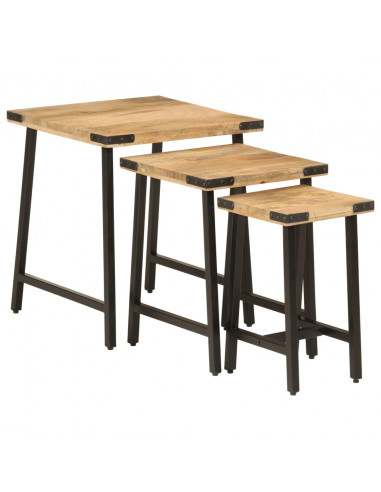 Tavolini a Incastro 3 pz in Legno Massello di Mango e Ferro