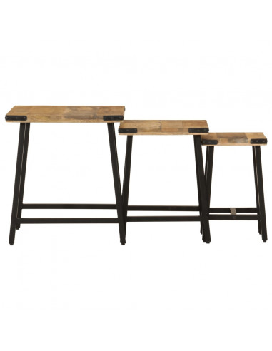 Tavolini a Incastro 3 pz in Legno Massello di Mango e Ferro
