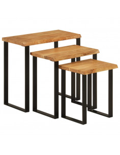 Tavolini a Incastro 3 pz Bordi Vivi in Legno Massello di Acacia 2