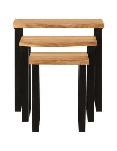 Tavolini a Incastro 3 pz Bordi Vivi in Legno Massello di Acacia