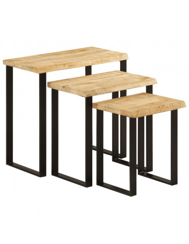 Tavolini a Incastro 3 pz Bordi Vivi in Legno Massello di Mango